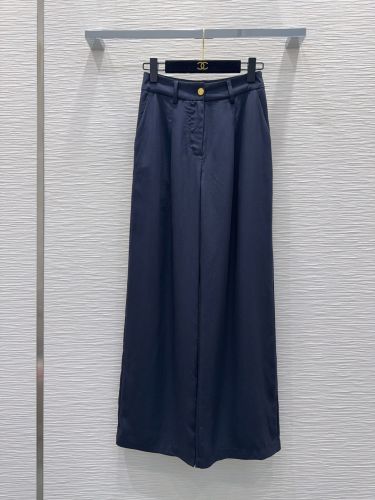 上品 洗練された ワイドレッグ トラウザー シャネル パンツ 偽物 ネイビー