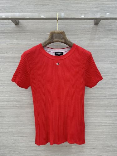 シンプル 洗練された 半袖リブニット シャネル ニット 偽物 レッド