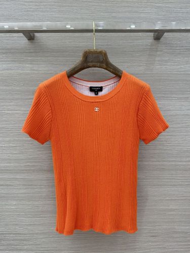 シャネル ニット 偽物 シンプル 洗練された 半袖リブニット オレンジ