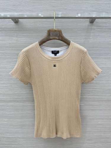 シャネル ニット 偽物 シンプル 洗練された 半袖リブニット ベージュ