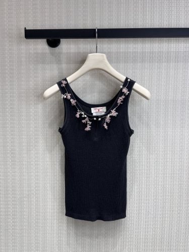 パール＆フラワー装飾 カシミヤ リブ タンクトップ シャネル ニット 偽物 ブラック