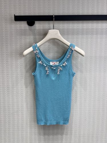 パール＆フラワー装飾 カシミヤ リブ タンクトップ シャネル ニット 偽物 ターコイズブルー