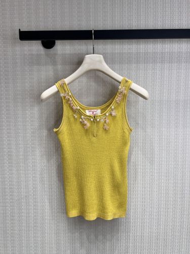 パール＆フラワー装飾 カシミヤ リブ タンクトップ シャネル ニット 偽物 イエロー