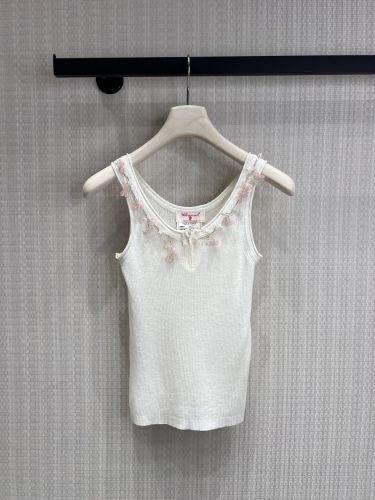 パール＆フラワー装飾 カシミヤ リブ タンクトップ シャネル ニット 偽物 ホワイト