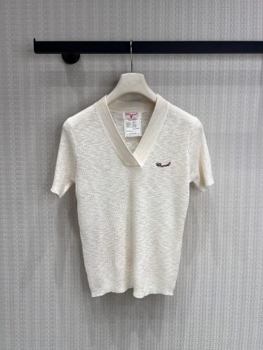 洗練された ロゴ刺繍 Vネック 半袖ニット シャネル ニット 偽物 カシミヤ アイボリー