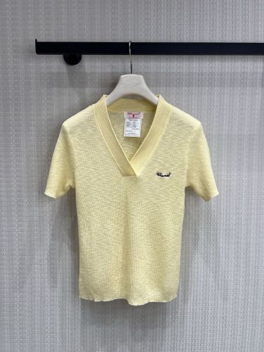 洗練された ロゴ刺繍 Vネック 半袖ニット シャネル ニット 偽物 カシミヤ イエロー