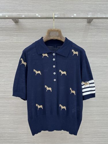 遊び心あふれる 刺繍入り 半袖ニット トムブラウン ニット コピー ネイビー