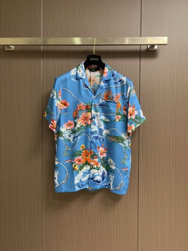フローラルプリント オープンカラーシャツ グッチ シャツ 偽物 シルク ブルー