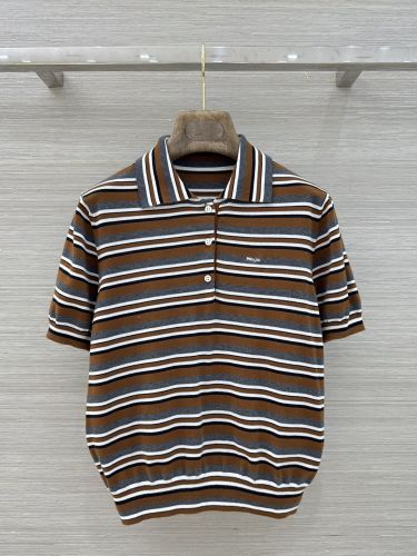 ボーダー柄 コットン＆シルク 半袖ポロニット プラダ ニット 偽物