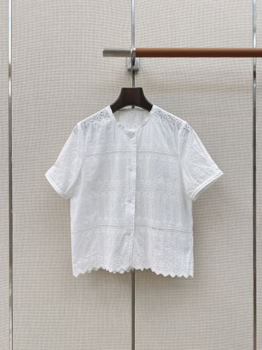 フェミニン レース刺繍 半袖シャツ セリーヌ シャツ 偽物 ホワイト
