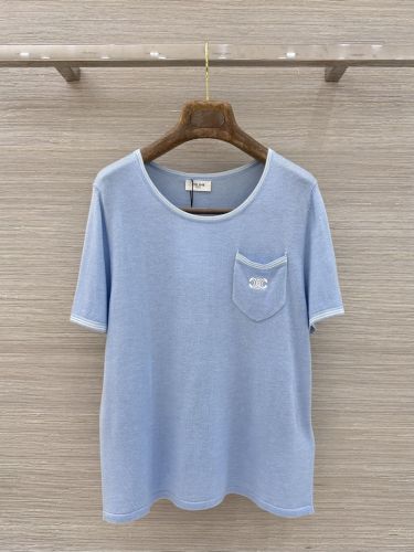 トリオンフ刺繍 クルーネックニットTシャツ セリーヌ Tシャツ 偽物 ブルー