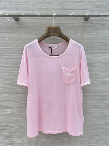 トリオンフ刺繍 クルーネックニットTシャツ セリーヌ Tシャツ 偽物 ピンク