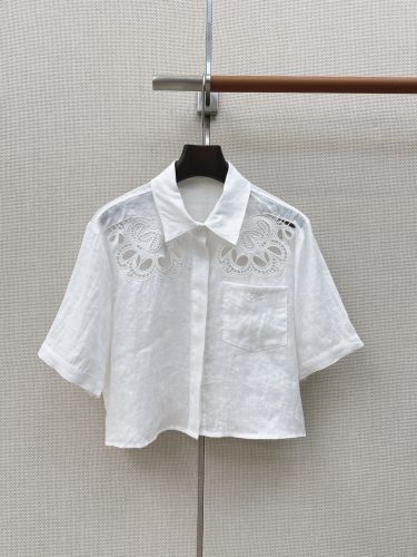レース刺繍 リネンショートスリーブシャツ セリーヌ シャツ 偽物 合わせやすい