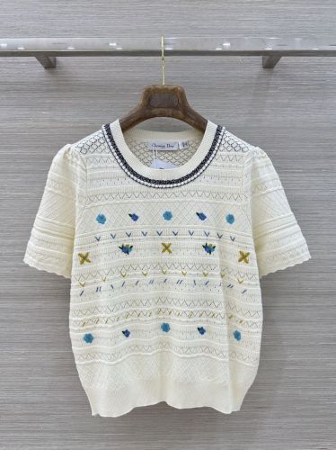 透かし編み 刺繍入り 半袖ニット クリスチャン・ディオール ニット 偽物 アイボリー