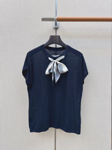 ボウタイ付き ショートスリーブニット クリスチャン・ディオール Tシャツ 偽物 ネイビー
