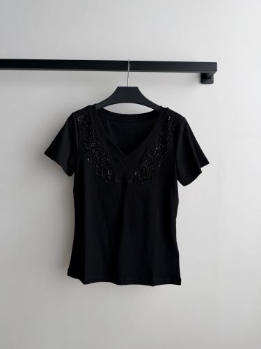 コットン Vネック 半袖Tシャツ クリスチャン・ディオール Tシャツ 偽物 ブラック