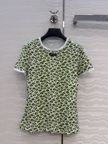 総柄プリント コットン 半袖Tシャツ ミュウミュウ Tシャツ コピー グリーン