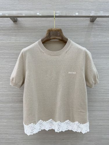レーストリム カシミヤ ニットトップス ミュウミュウ ニット 偽物 半袖ニット