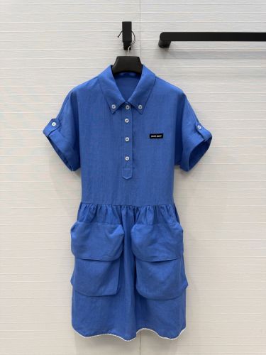 リネンブレンド ロゴ シャツドレス ミュウミュウ ワンピース 偽物 ブルー