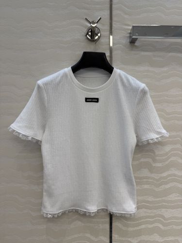 レーストリム リブニット トップス ミュウミュウ Tシャツ 偽物 コットン ホワイト