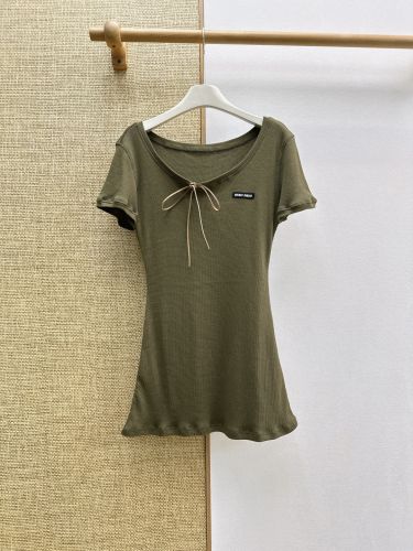 フェミニン ワッフル ミニワンピース ミュウミュウ ワンピース 偽物 グリーン
