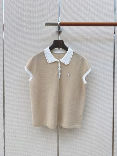 レースカラー バイカラー ニットポロシャツ ミュウミュウ Tシャツ 偽物 ベージュ