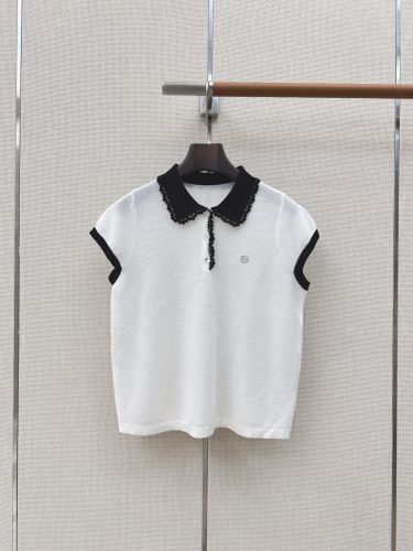 レースカラー バイカラー ニットポロシャツ ミュウミュウ Tシャツ 偽物 ホワイト