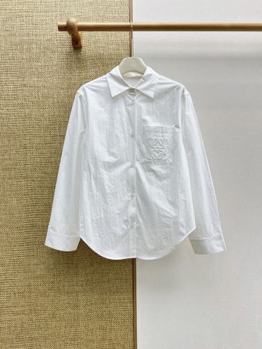 カジュアル アナグラム刺繍 コットン 長袖シャツ ロエベ シャツ 偽物 ホワイト