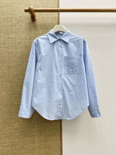 カジュアル アナグラム刺繍 コットン 長袖シャツ ロエベ シャツ 偽物 ライトブルー