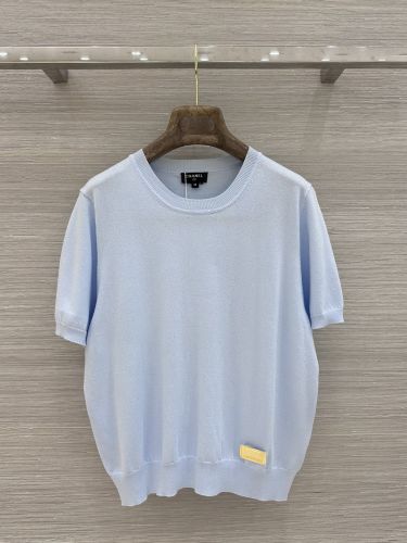 シンプル シルク混 半袖プルオーバー シャネル ニット コピー ライトブルー