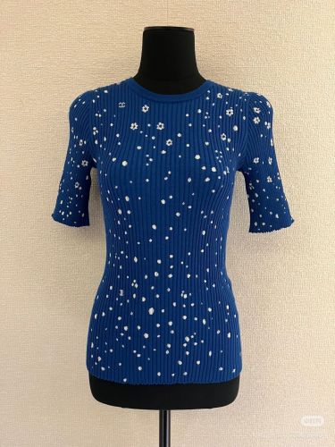 小花柄 カシミア シルク 半袖トップス シャネル ニット コピー ブルー