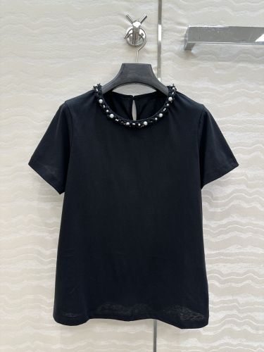 エレガント パール装飾 シャネル Tシャツ コピー クルーネック ブラック