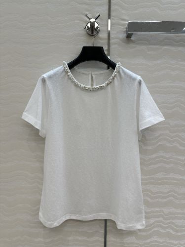 エレガント パール装飾 シャネル Tシャツ コピー クルーネック ホワイト