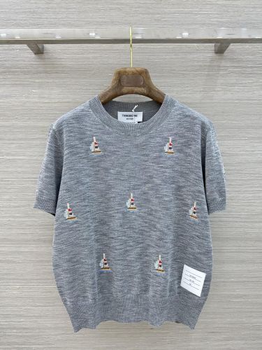 ヨットモチーフ クルーネック 半袖ニット トムブラウン ニット 偽物 コットン グレー