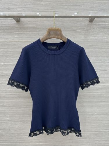 レーストリム ショートスリーブ リブニット グッチ ニット 偽物 ネイビー