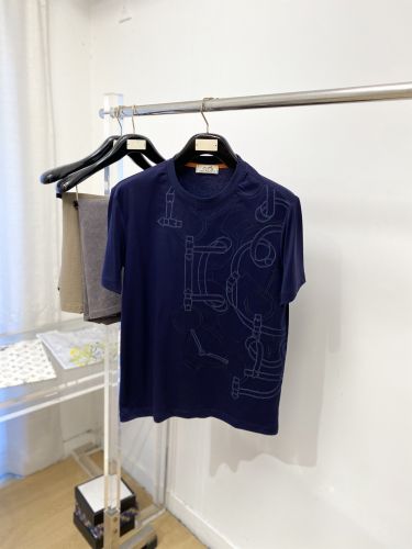 洗練された 馬具モチーフ クルーネック 半袖Tシャツ エルメス Tシャツ 偽物 ネイビー