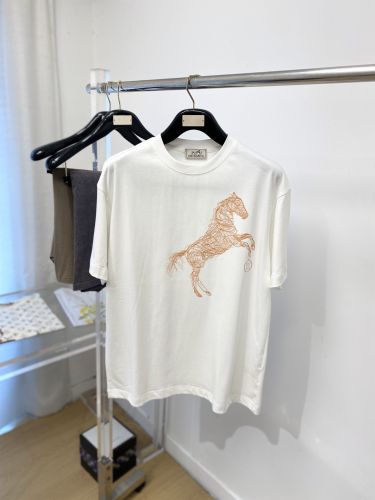 馬モチーフ コットン 半袖Tシャツ エルメス Tシャツ 偽物 クルーネック ホワイト
