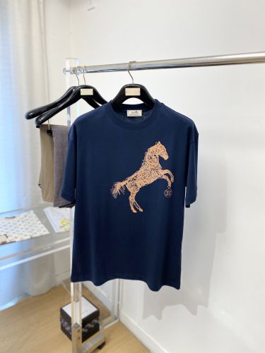 馬モチーフ コットン 半袖Tシャツ エルメス Tシャツ 偽物 クルーネック ネイビー