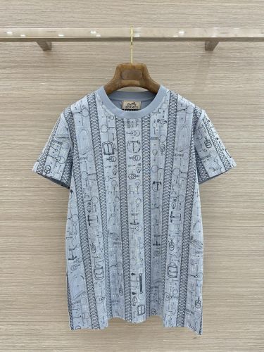 カジュアル おしゃれ 総柄 半袖Tシャツ エルメス Tシャツ 偽物 コットン ブルー