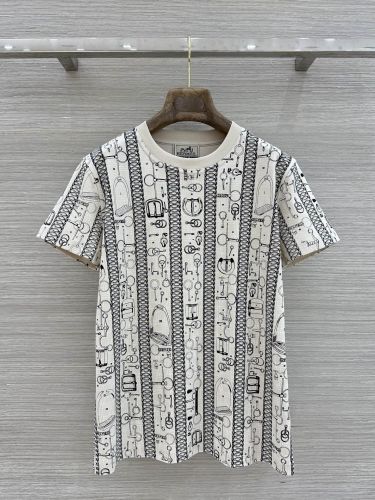 カジュアル おしゃれ 総柄 半袖Tシャツ エルメス Tシャツ 偽物 コットン オフホワイト