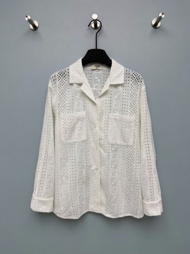 FFロゴ オープンワーク 長袖 コットンシャツ フェンディ シャツ 偽物 ホワイト
