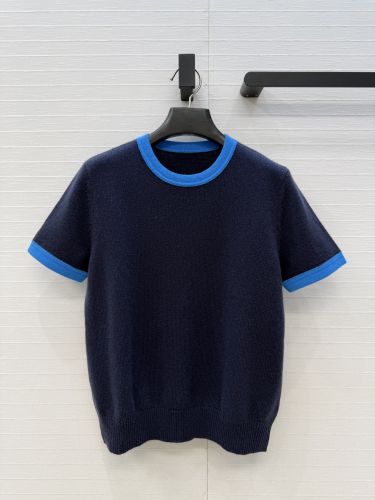 シンプル カシミヤ バイカラー 半袖ニット プラダ ニット コピー ネイビー