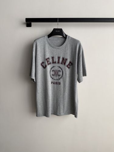 カレッジロゴ コットン 半袖Tシャツ セリーヌ Tシャツ 偽物 クルーネック グレー