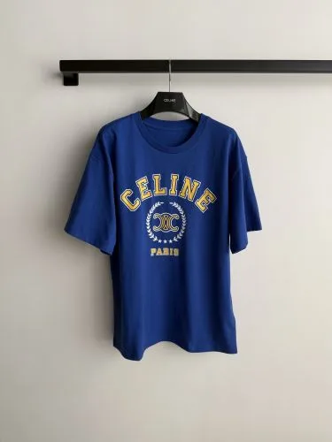 カレッジロゴ コットン 半袖Tシャツ セリーヌ Tシャツ 偽物 クルーネック ブルー