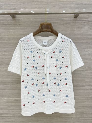 透かし編み 刺繍入り 半袖ニットトップス クリスチャン・ディオール ニット 偽物 ホワイト