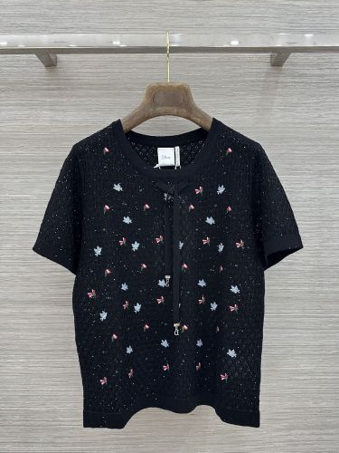 透かし編み 刺繍入り 半袖ニットトップス クリスチャン・ディオール ニット 偽物 ブラック