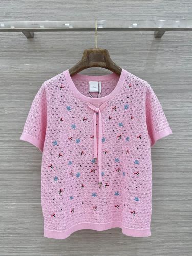 透かし編み 刺繍入り 半袖ニットトップス クリスチャン・ディオール ニット 偽物 ピンク