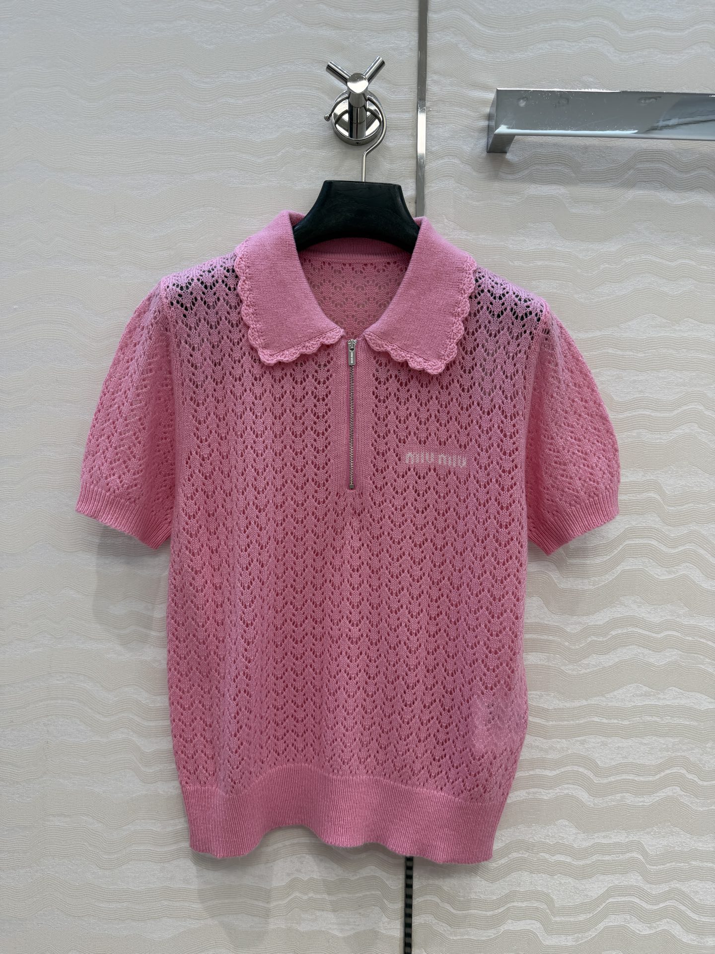 透かし編み ハーフジップ 半袖ニットポロ ミュウミュウ ニット 偽物 カシミヤ＆シルク