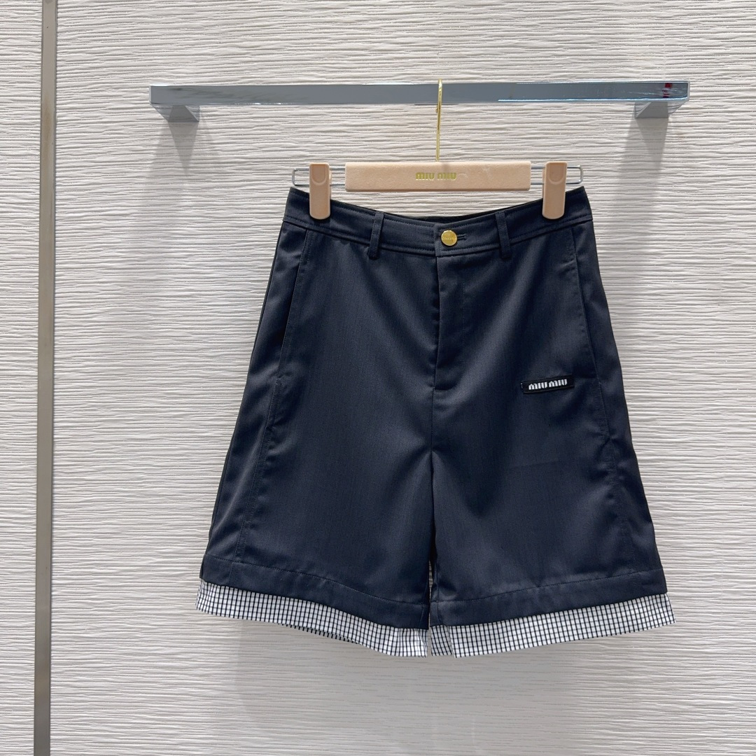 レイヤード風 ギンガムチェック切り替え ショートパンツ ミュウミュウ パンツ 偽物 ブラック