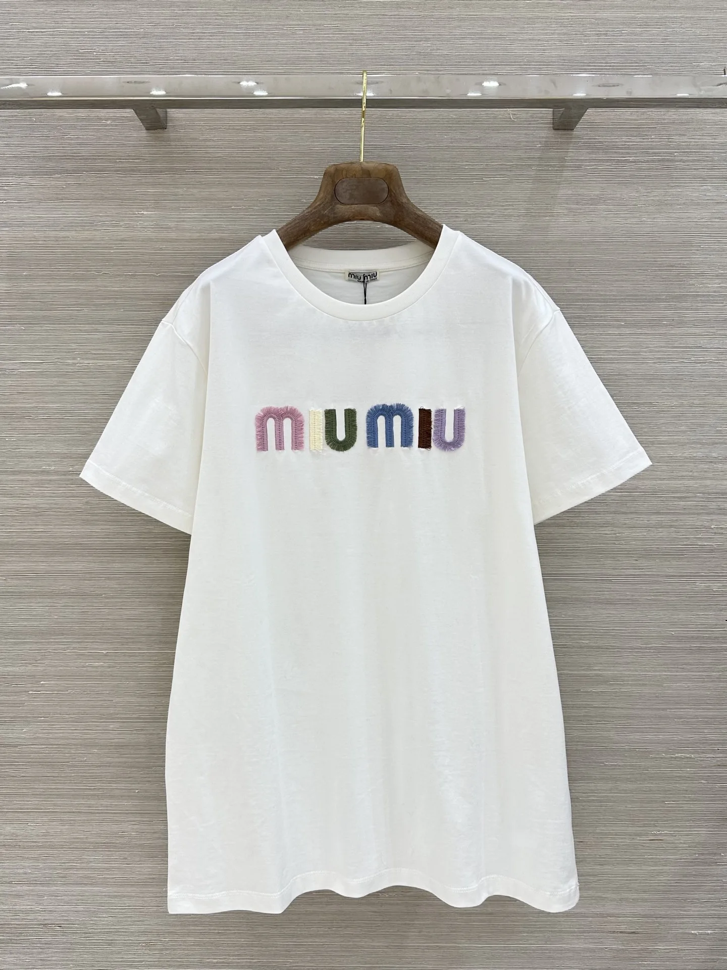 カジュアル コットン 半袖Tシャツ ミュウミュウ Tシャツ 偽物 クルーネック ホワイト